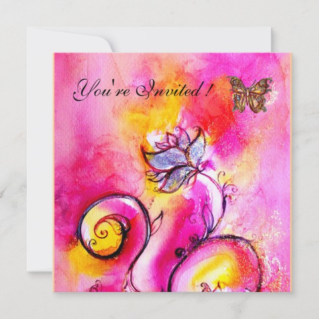 Invitation FLEURS & PAPILLONS fantaisistes rose jaune (Devant)