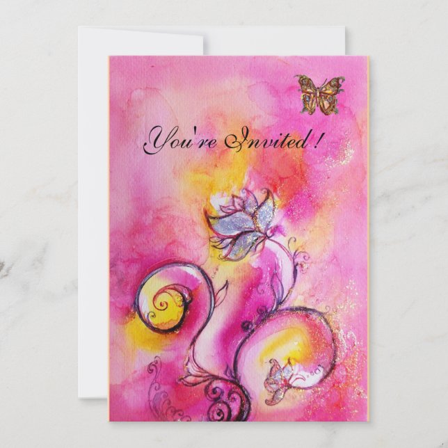 Invitation FLEURS & PAPILLONS fantaisistes rose jaune (Devant)