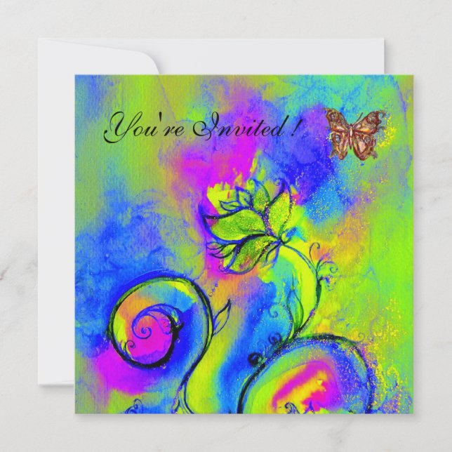Invitation FLEURS & PAPILLONS fantaisistes violet bleu vert (Devant)