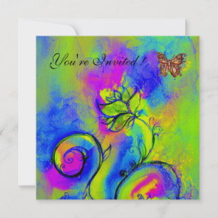 Invitation FLEURS & PAPILLONS fantaisistes violet bleu vert