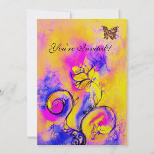 Invitation FLEURS & PAPILLONS fantaisistes violet jaune rose