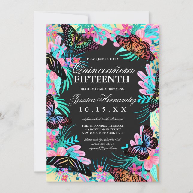 Invitation Fleurs papillons Feuille Aquarelle Quinceañera (Devant)