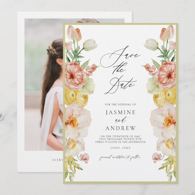 Invitation Fleurs Pastel en Blush et Peach Enregistrer la dat (Devant / Derrière)