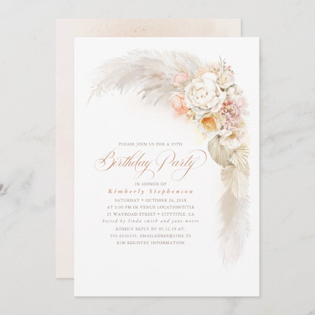 Invitation Fleurs Pastel et Pampas Grass Boho Anniversaire (Devant / Derrière)