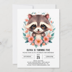 Invitation Fleurs Pastel Raccoon Fille Anniversaire