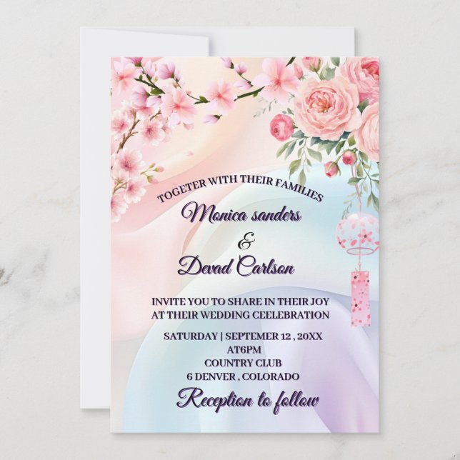 Invitation Fleurs Pastel Romantiques, Conception de Mariage d (Devant)