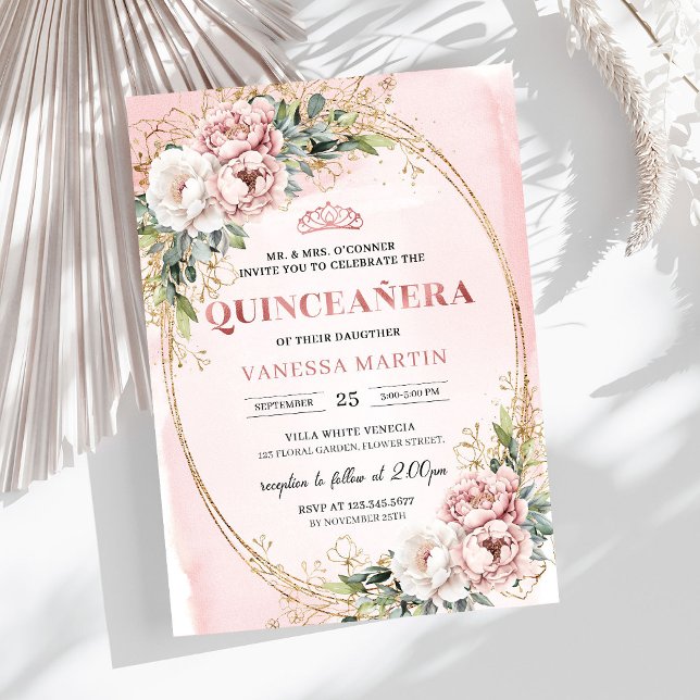 Invitation Fleurs pastel rose en fleurs Eucalyptus 15e annive (Blooming Pastel Pink Flowers Eucalyptus 15th Birthday Invite

)