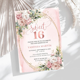 Invitation Fleurs pastel rose en fleurs Eucalyptus 16e annive