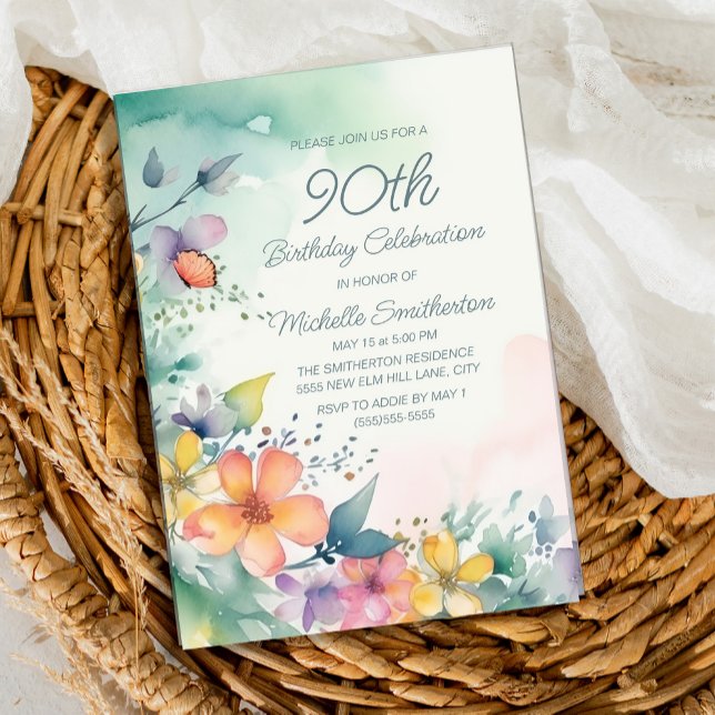 Invitation Fleurs pastel rose jaune sarcelle 90e anniversaire (Spring watercolor floral on teal and white 90th birthday party invitation)