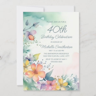 Invitation Fleurs pastel rose sarcelle jaune 40e anniversaire