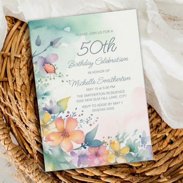 Invitation Fleurs pastel rose sarcelle jaune 50e anniversaire (Teal, yellow, pink floral 50th birthday party invitation)