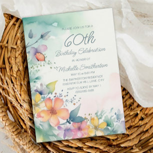 Invitation Fleurs pastel rose sarcelle jaune 60e anniversaire