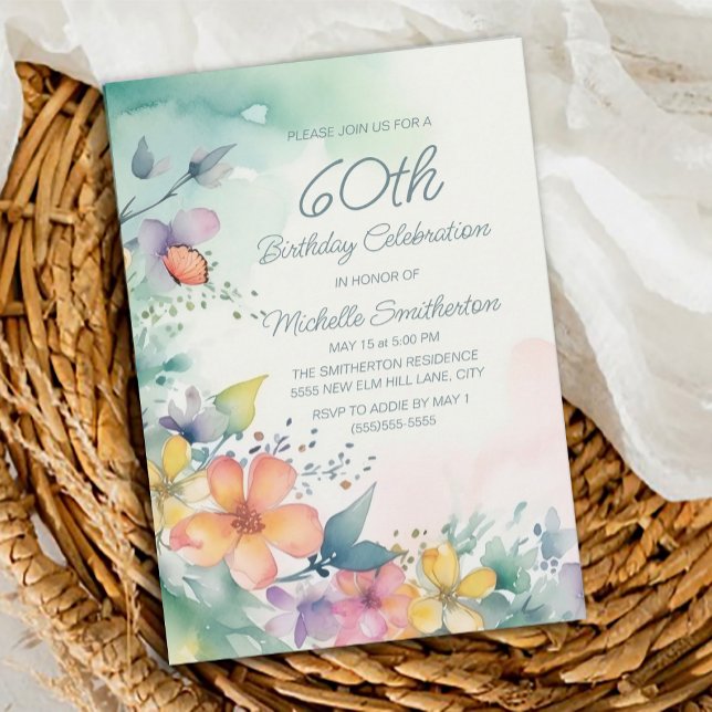 Invitation Fleurs pastel rose sarcelle jaune 60e anniversaire (Teal, pink, yellow floral 60th birthday party invitation)
