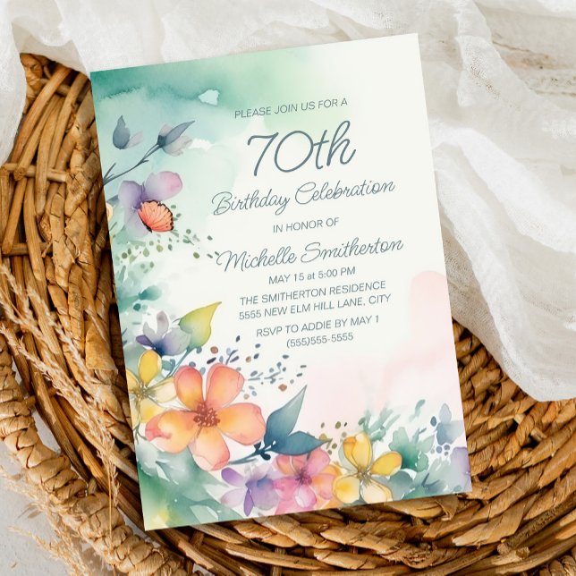 Invitation Fleurs pastel rose turquoise 70e anniversaire (Spring watercolor floral on teal 70th birthday party invitation)