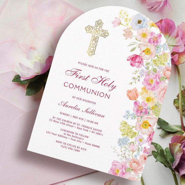 Invitation Fleurs pastel vives Arche Première Communion (Créateur téléchargé)