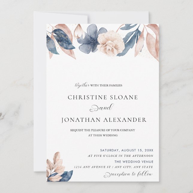 Invitation Fleurs Peintes à la Main | Mariage Rose et Bleu  (Devant)