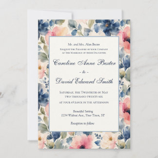 Invitation Fleurs peintes à l'aquarelle Rose Bleu Vert Mariag