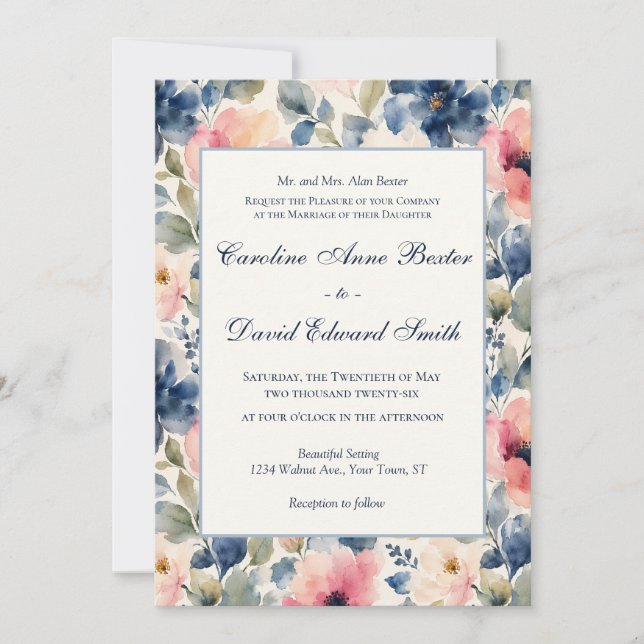 Invitation Fleurs peintes à l'aquarelle Rose Bleu Vert Mariag (Devant)