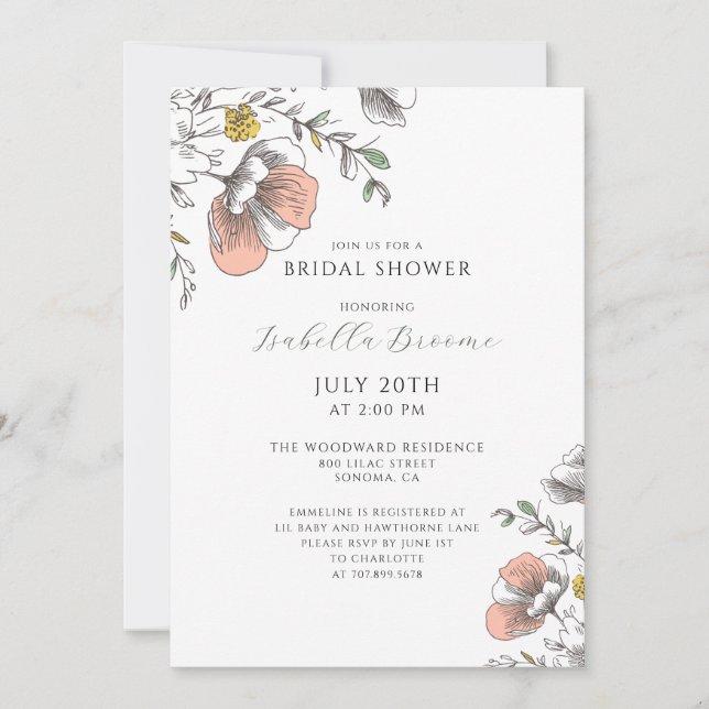 Invitation Fleurs Peintes  Baby Shower de Mariage (Devant)