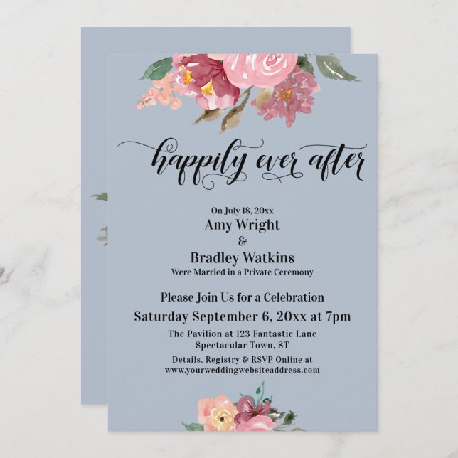 Invitation Fleurs Peintes en Rose Heureuses à Tout Jamais Ble (Devant / Derrière)