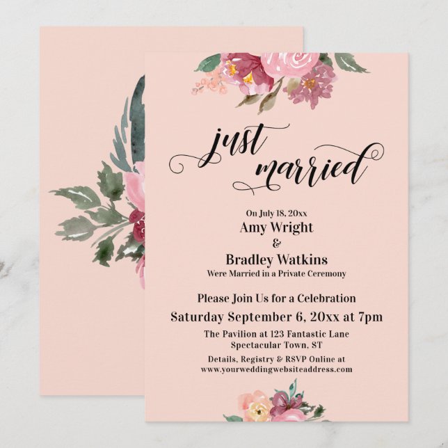 Invitation Fleurs Peintes en Rose Typographie Mariés de Fraîc (Devant / Derrière)