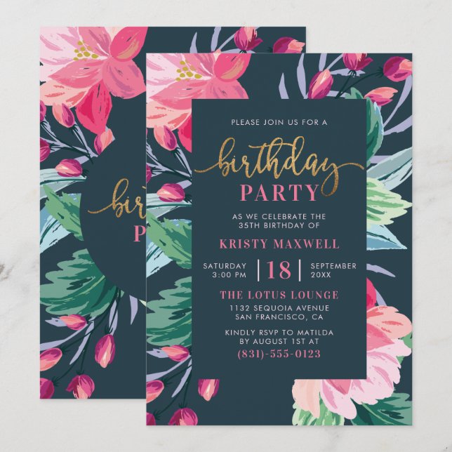 Invitation Fleurs peintes et Script or chic fête d'anniversai (Devant / Derrière)