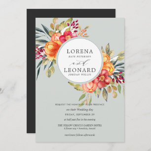 Invitation Fleurs peintes monogramme couronne mariage gris cl