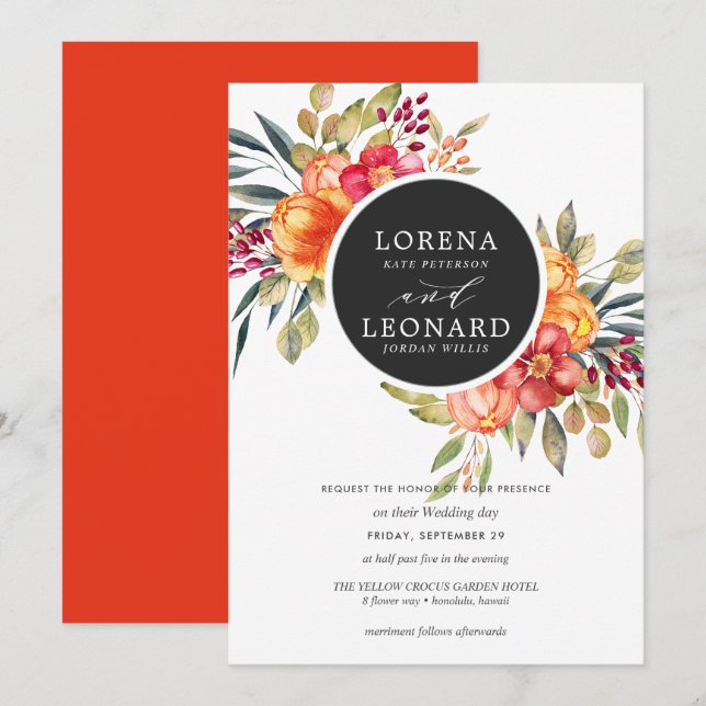 Invitation Fleurs peintes monogramme couronne mariage orange (Devant / Derrière)