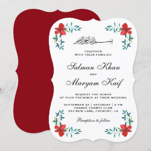 Invitation Fleurs peintes rouges romantiques Mariage musulman