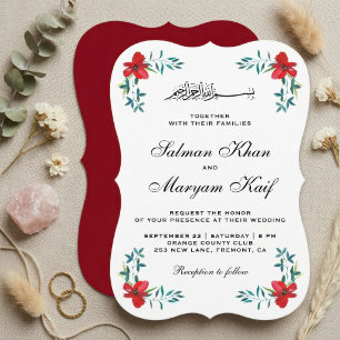 Invitation Fleurs peintes rouges romantiques Mariage musulman