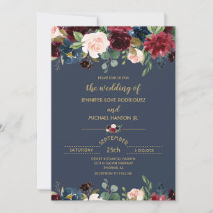 Invitation Fleurs personnalisées mariage bleu marine bordeaux
