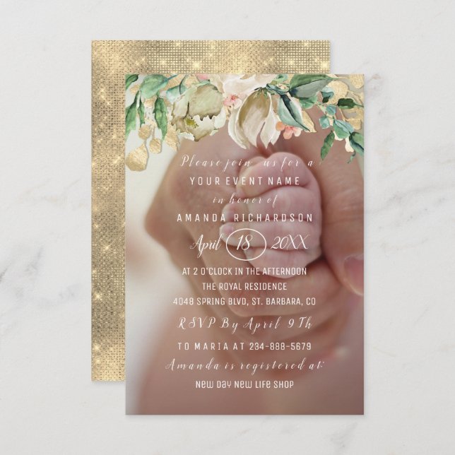 Invitation Fleurs photo baby shower Brunch Spark Gold (Devant / Derrière)