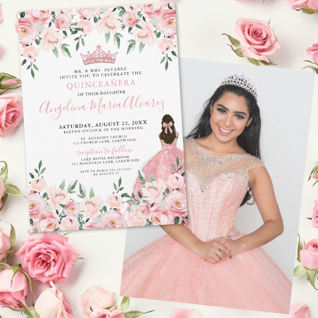 Invitation Fleurs Photo Blush Rose Quinceanera (Floral Photo Blush Pink Quinceanera Invitation)