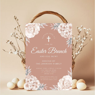 Invitation Fleurs pivoines Croix religieuse Brunch de Pâques