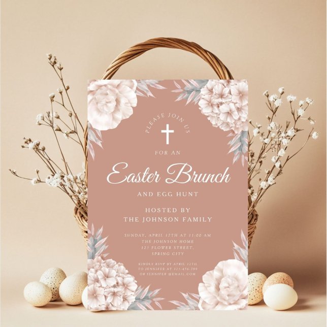 Invitation Fleurs pivoines Croix religieuse Brunch de Pâques (Floral Peonies Religious Cross Easter Brunch Invitation)