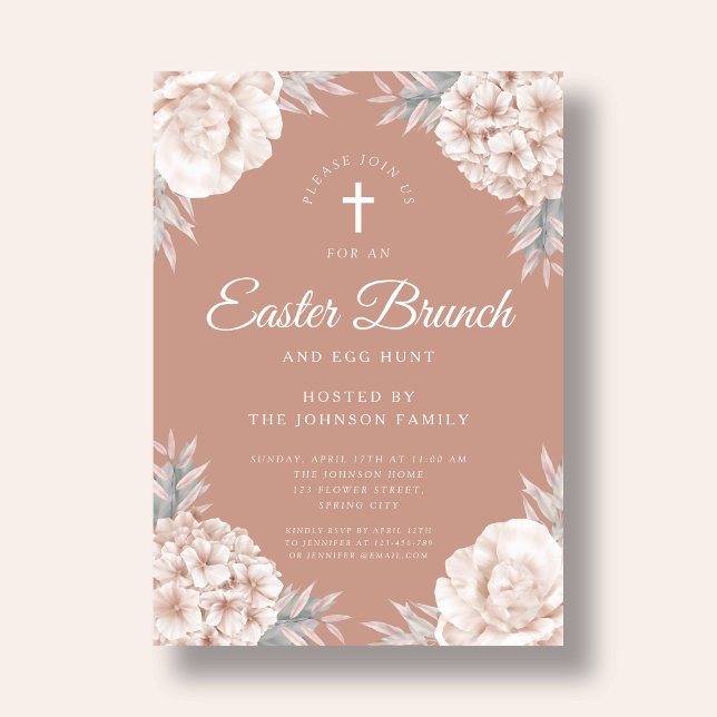 Invitation Fleurs pivoines Croix religieuse Brunch de Pâques (Floral Peonies Religious Cross Easter Brunch Invitation)