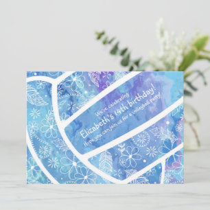 Invitation Fleurs plumes paislies motif bleu volleyball