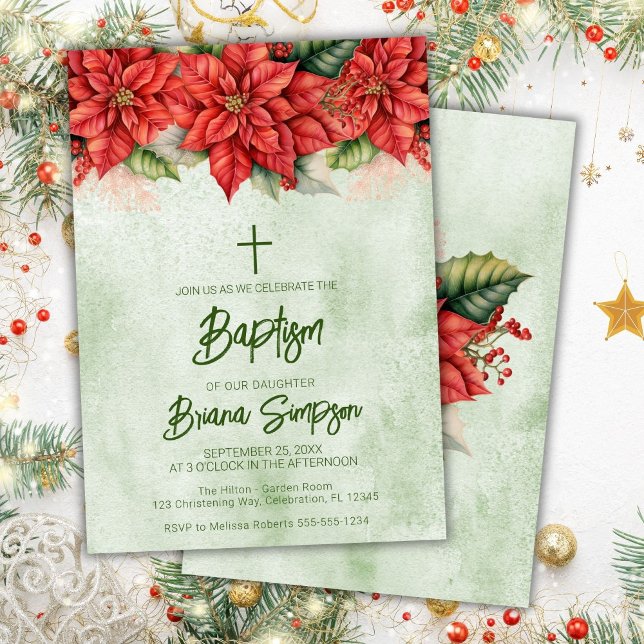 Invitation Fleurs Poinsettia de Noël Baptême floral (Créateur téléchargé)