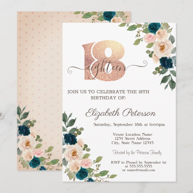 Invitation Fleurs Points Polka 18e Anniversaire (Devant / Derrière)