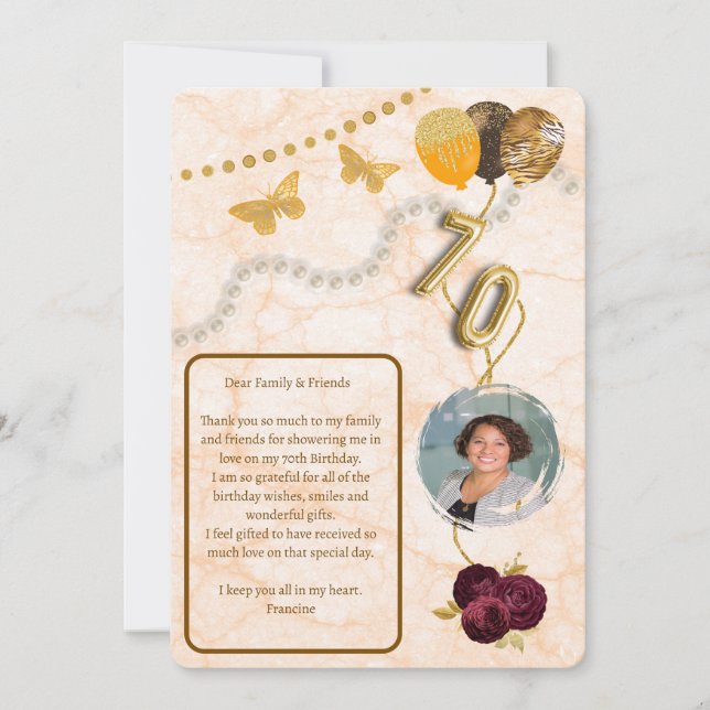 Invitation Fleurs pour 70e anniversaire & ballon en feuille d (Devant)
