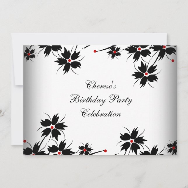 Invitation Fleurs pour fête d'anniversaire Rouge Noir Blanc (Devant)
