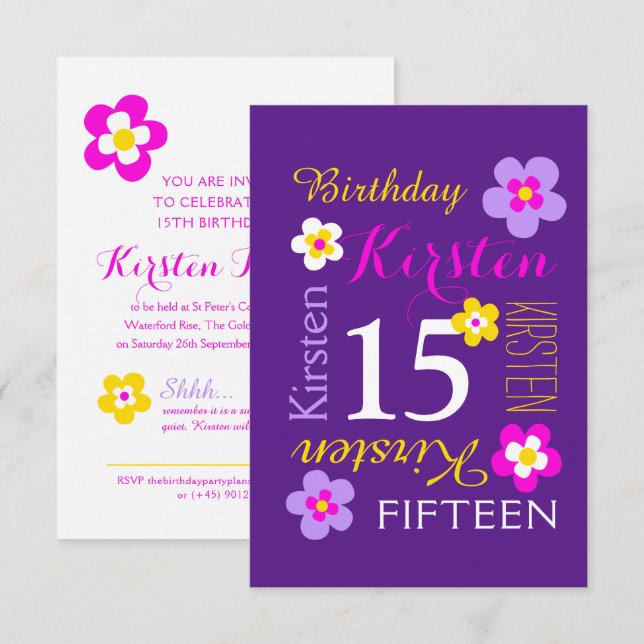 Invitation fleurs pour les 15 ans jaune rose violet surprise (Devant / Derrière)