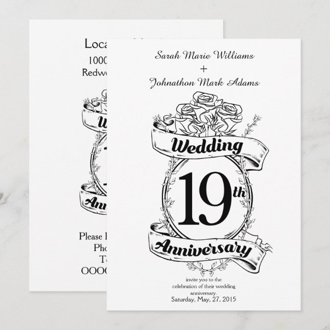 Invitation Fleurs pour les 19 ans d'anniversaire de mariage (Devant / Derrière)