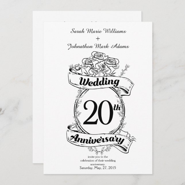 Invitation Fleurs pour les 20 ans de mariage (Devant / Derrière)