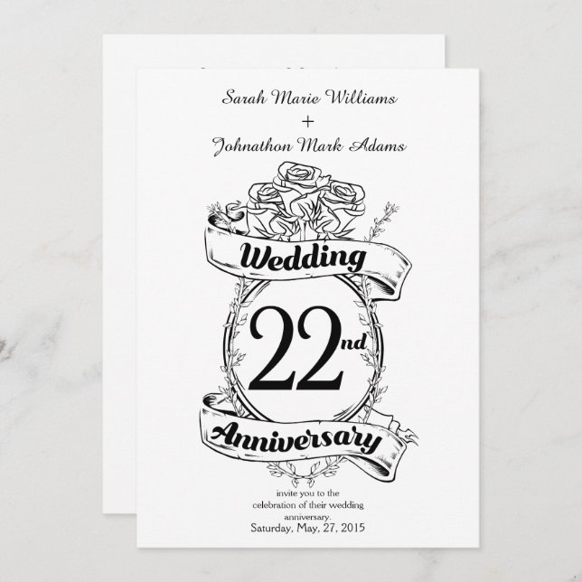 Invitation Fleurs pour les 22 ans d'anniversaire de mariage (Devant / Derrière)