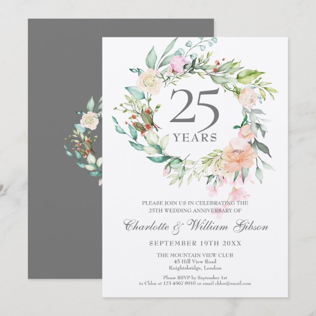 Invitation Fleurs pour les 25 ans de mariage (Devant / Derrière)