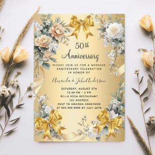 Invitation fleurs pour les 50 ans de mariage rubans dorés