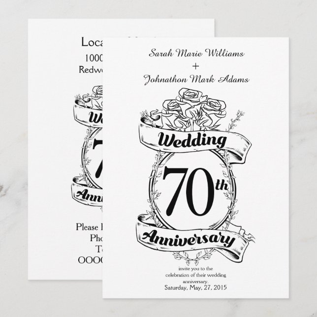 Invitation Fleurs pour les 70 ans de mariage Noir et blanc (Devant / Derrière)