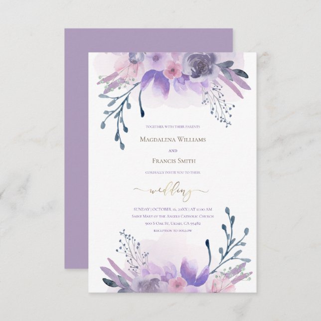 Invitation fleurs pourpres aquarelles | mariage marriage marr (Devant / Derrière)