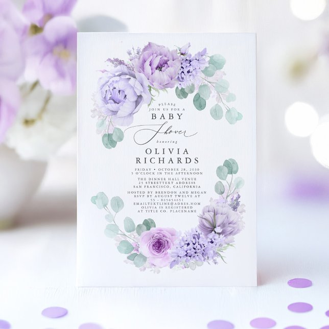 Invitation Fleurs pourpres Dusty Baby shower doux élégant (Purple Baby Shower Invitation)